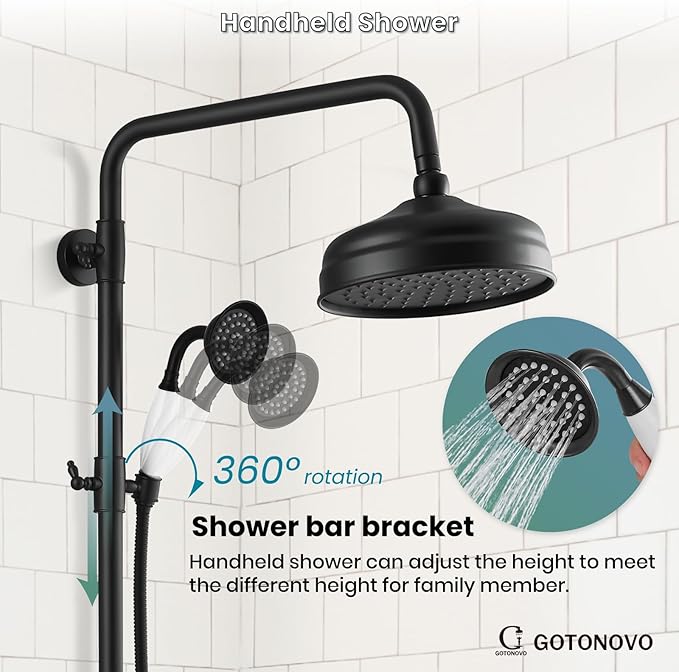 gotonovo Luxury Exposed Shower Faucet Set Bathroom Shower System 8 Inch Wall Mount Rainfall Shower Head with Handheld Spray Cross Double Handle Shower Fixture Adjustable Straight Rod Matte Black