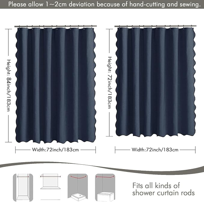 MIULEE 72"x84" Extra Long Scalloped Linen Shower Curtain Navy | Linen Textured, Waterproof, Washable, 12 Metal Hooks, Heavy Duty Cloth, Black Border, Shower Curtain for Bathroom Bathtub