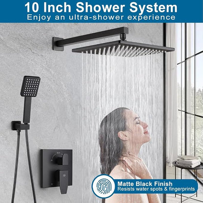 Matte Black Shower Faucet Set Rainfall 10 Inch Shower Head and Handle Set Bathroom Rain Shower System Wall Mounted Shower Fixture Include Shower Valve and Trim Kit