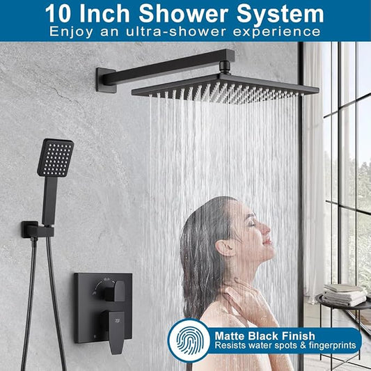 Matte Black Shower Faucet Set Rainfall 10 Inch Shower Head and Handle Set Bathroom Rain Shower System Wall Mounted Shower Fixture Include Shower Valve and Trim Kit