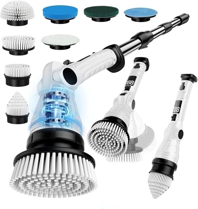 Electric Spin Scrubber, 3 Speeds 8 Heads Bathroom Cleaning Brush | 6-Angle Adjustable Head, 54" Extendable Handle, IPX6 Waterproof, Cordless, Shower Cleaner Brush for Tub Grout Tile Floor Car