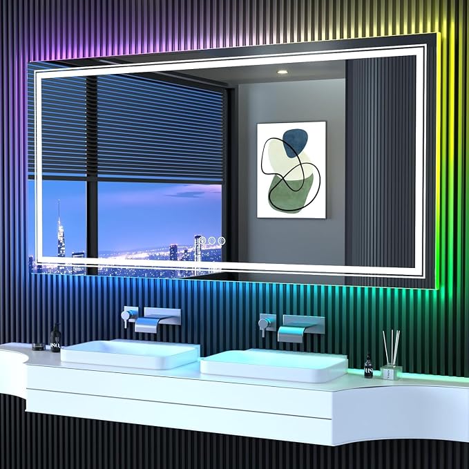 Snowdool 60 x 36 in RGB LED Bathroom Mirror, Front and Backlit, Anti-Fog | 8 RGB Backlight Modes, 3 Front Light Colors, Anti-Fog, Tempered Glass