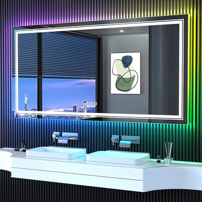 Snowdool 60 x 36 in RGB LED Bathroom Mirror, Front and Backlit, Anti-Fog | 8 RGB Backlight Modes, 3 Front Light Colors, Anti-Fog, Tempered Glass