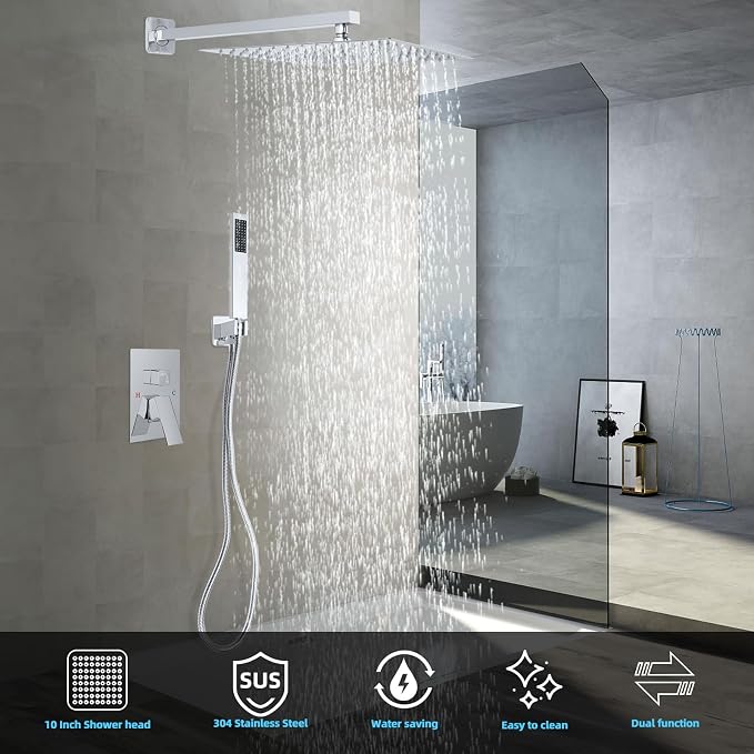 Bathroom Shower Faucet Set，10 Inch Rain Shower Head with Handheld Spray，Brass Shower Valve Trim Kit，Wall Mounted Square Rain Shower System (Chrome)