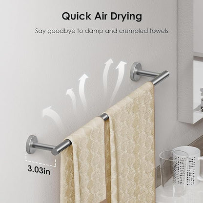 FORIOUS Bathroom Accessories, 4-Piece Bathroom Hardware Set - 18" Towel Bar | Brushed Nickel | Towel Hooks, Towel Racks for Bathroom, Toilet Paper Holder Wall Mounted, Towel Ring | SUS304 Stainless Steel