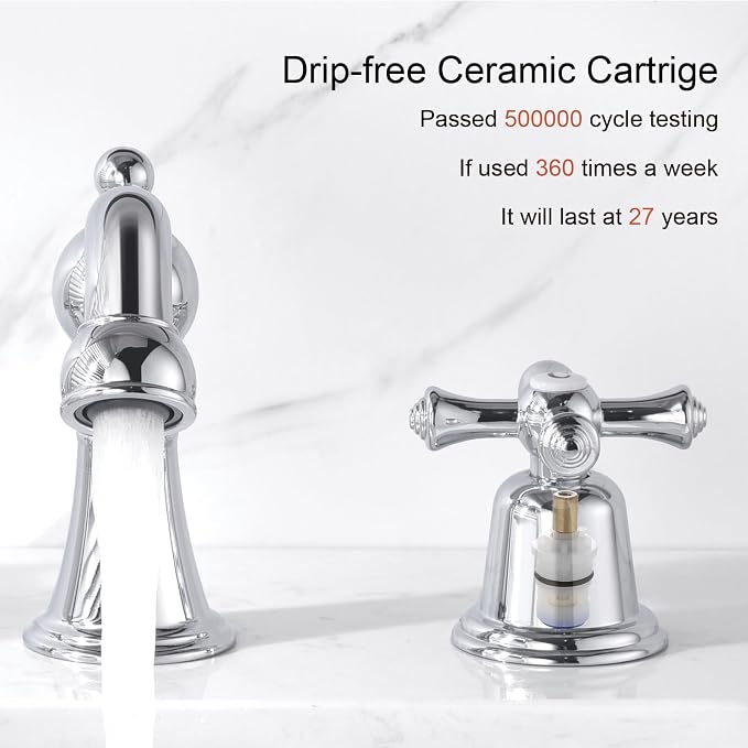 RKF Bathroom Faucets for Sink 3 Hole Chrome 8 inch Widespread Bathroom Sink Faucet with Drain 2 Handles Cross Knobs Faucet Bathroom Vanity Faucet Basin Mixer Tap CWF033-CP