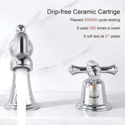RKF Bathroom Faucets for Sink 3 Hole Chrome 8 inch Widespread Bathroom Sink Faucet with Drain 2 Handles Cross Knobs Faucet Bathroom Vanity Faucet Basin Mixer Tap CWF033-CP