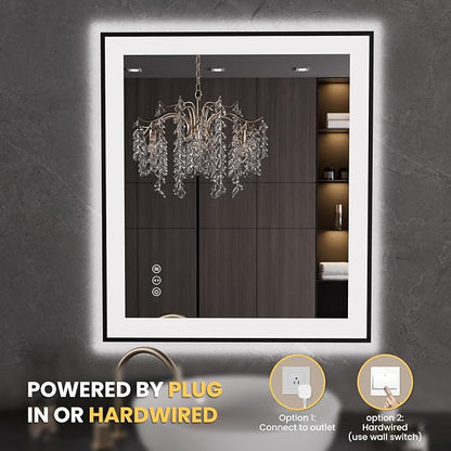 LOAAO 28"X32" LED Bathroom Mirror Black Framed | Anti-Fog, Dimmable, Memory Function, Tempered Glass, Lighted Vanity Mirror for Wall