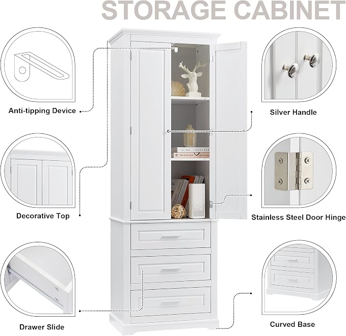 Merax 70" Pantry Cabinet with Two Doors & Three Drawer, Adjustable Shelves Storage Cupboard for Kitchen/Dining Room/Bathroom, White