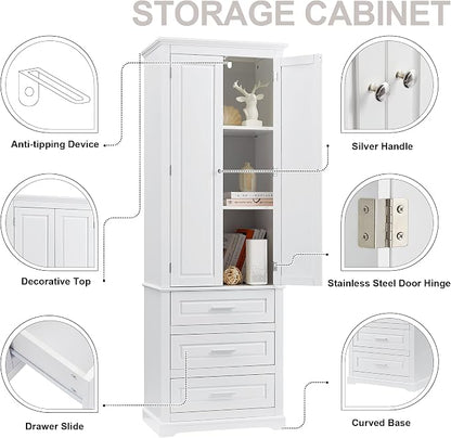 Merax 70" Pantry Cabinet with Two Doors & Three Drawer, Adjustable Shelves Storage Cupboard for Kitchen/Dining Room/Bathroom, White
