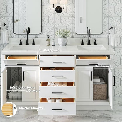 ARIEL Hepburn 66-inch Bathroom Vanity with Sink,Solid Wood, 1.5-inch Pure White Quartz Countertop & Backsplash, Double Rectangular Porcelain Sink, 4 Soft Closing Doors, 6 Dovetail Drawers, White