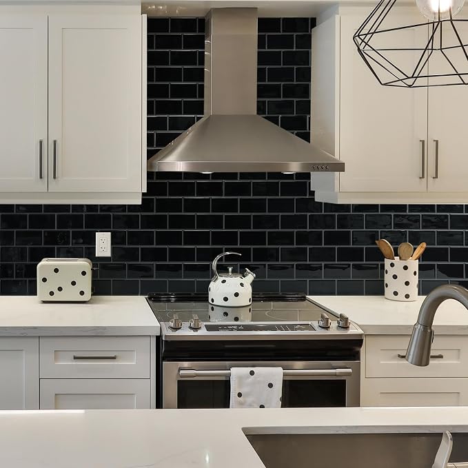 STICKGOO Subway Tile Peel and Stick Backsplash, Thicker Design 12" x 12" Stick on Backsplash Tiles for Kitchen, Bathroom, Wall Tile (10 Sheets, Black with Grey Grout)