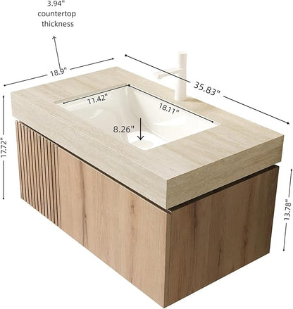 Bathroom Vanity with Sink 36 Inch, Floating Bathroom Vanity Sink Cabinet with Drawer and Door, Undermount Sink & Travertine-Pattern Sintered Stone Top, Pre-Assembled, White Oak