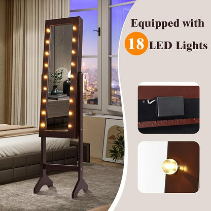 Jewelry Armoire with 18 LED Lights, Freestanding Jewelry Organizer with Full-length Mirror, Large Storage Mirrored Jewelry Cabinet with 16 Lipstick Holders, for Bedroom, Dressing Room (Brown)
