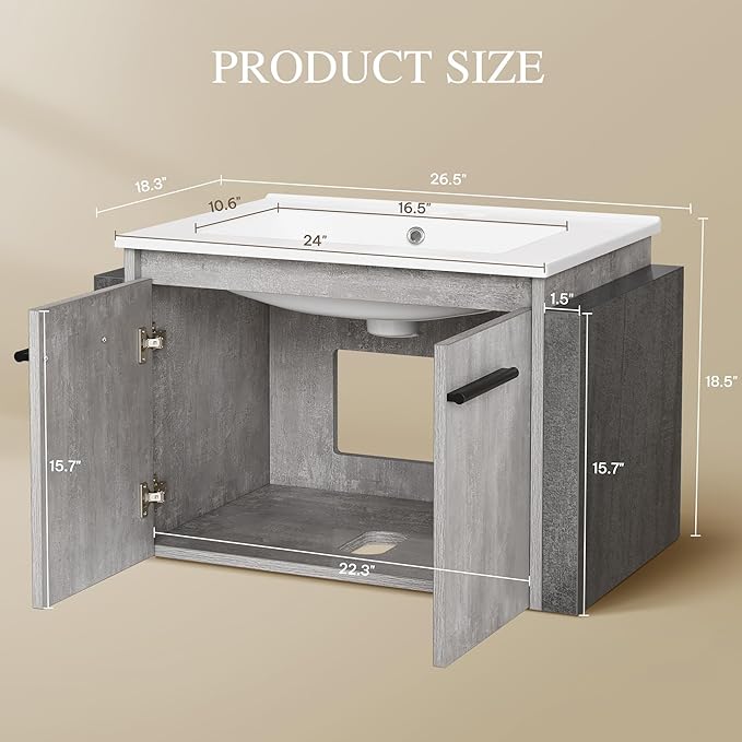 DWVO 24" Bathroom Vanity with Sink Combo, Wall Mounted Modern Bathroom Cabinet with Ceramic Sink, Large Storage Double Soft-Close Doors Cabinet Vanity, Grey