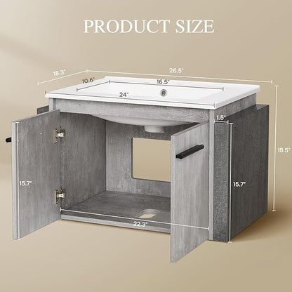 DWVO 24" Bathroom Vanity with Sink Combo, Wall Mounted Modern Bathroom Cabinet with Ceramic Sink, Large Storage Double Soft-Close Doors Cabinet Vanity, Grey