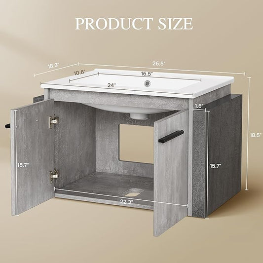 DWVO 24" Bathroom Vanity with Sink Combo, Wall Mounted Modern Bathroom Cabinet with Ceramic Sink, Large Storage Double Soft-Close Doors Cabinet Vanity, Grey