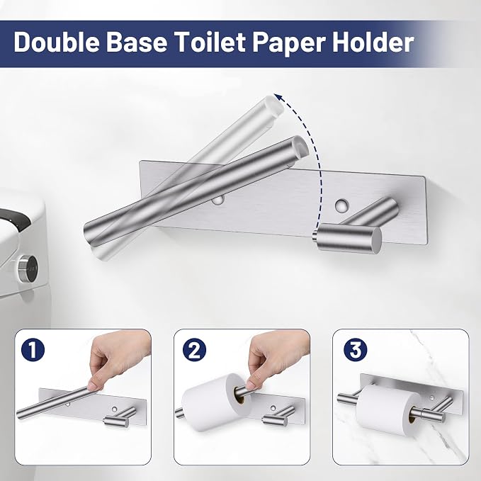 Lairuier Brushed Nickel Bathroom Hardware Set, Adhesive or Screw Wall Mount | Bathroom Accessories Set, Adhesive or Screw Wall Mount Toilet Paper Holder and Hand Towel Bar Holder, No Drill 2 Towel Hooks