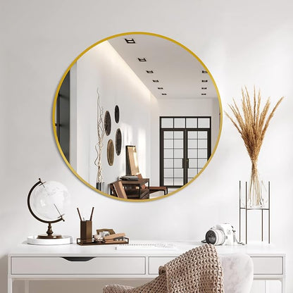 26 Inch Gold Round Circle Mirror for Bathroom Wall, Metal Frame | HD tempered glass for clear, distortion-free reflection. Mounting hardware included for vertical or horizontal wall mount.