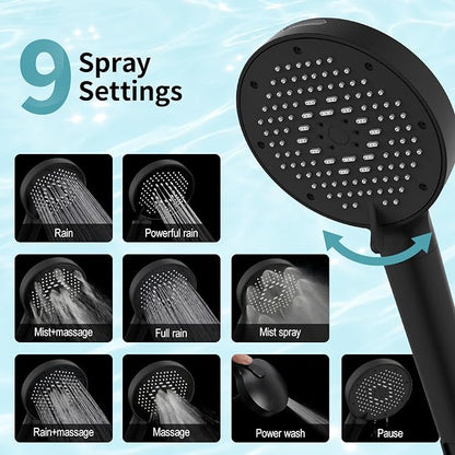 SR SUN RISE NSF Certified Filtered Shower Head with Handheld for Hard Water to Remove Chlorine High Pressure 9-Spray Setting (with Power Wash) Anti-Clog Nozzles (4 Filters, Matte Black)