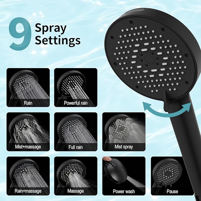 SR SUN RISE NSF Certified Filtered Shower Head with Handheld for Hard Water to Remove Chlorine High Pressure 9-Spray Setting (with Power Wash) Anti-Clog Nozzles (4 Filters, Matte Black)