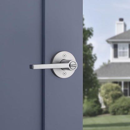 Kwikset Halifax Entry Door Handle with Lock and Key, Secure Round Keyed Reversible Lever Exterior, for Front Entrance and Bedrooms, Satin Chrome, Pick Resistant Smartkey Rekey Security and Microban