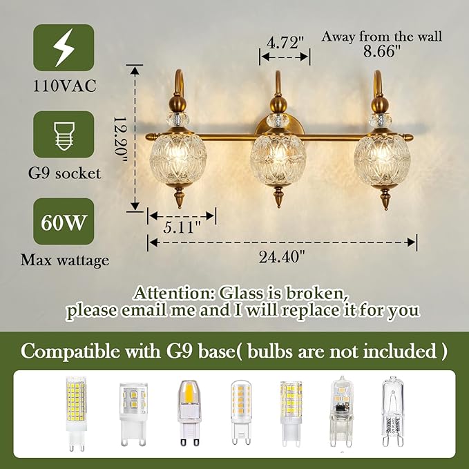 Vintage Bathroom Lights Fixtures Gold Vanity Light with Glass Globe LampShade 3 Light Mid Century G9 Bulb Wall Sconce Indoor Vanity Light Over Mirror for Kitchen Bedroom Farmhouse Living Room