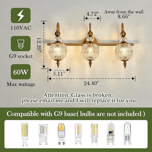 Vintage Bathroom Lights Fixtures Gold Vanity Light with Glass Globe LampShade 3 Light Mid Century G9 Bulb Wall Sconce Indoor Vanity Light Over Mirror for Kitchen Bedroom Farmhouse Living Room