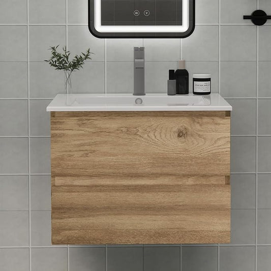 Wall-Mounted Bathroom Vanity with Sink and 2 Soft-Close Drawers – Moisture-Resistant MDF, Space-Saving Design for Modern Bathrooms (Nature with Sink, 24)