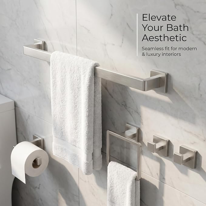 Nevado 5‑Piece Wall Mounted Bathroom Hardware Set | Towel Bar, Toilet Paper Holder, Towel Ring & Robe Hook, Brushed Nickel Bathroom Accessories, 23.6‑Inch Towel Bar