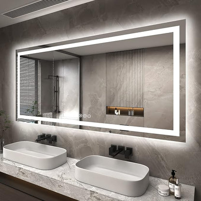 72x36 LED Lighted Bathroom Mirror for Vanity Wall | Front Light and Backlit, Anti-Fog, Memory, 3 Color, Tempered Glass, Dimmable, Rectangular, UL, Horizontal/ Vertical Mounted