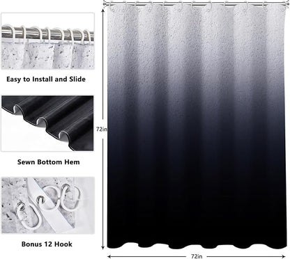 Black Ombre Diatomaceous Earth Shower Curtain Set, 72x72 Inch, Rustic Farmhouse Style for Bathroom
