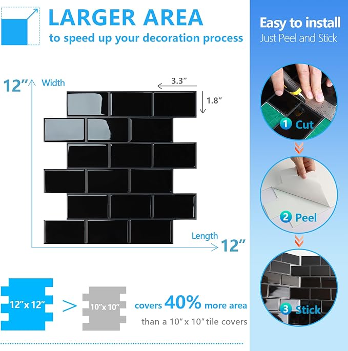STICKGOO Subway Tile Peel and Stick Backsplash, Thicker Design 12" x 12" Stick on Backsplash Tiles for Kitchen, Bathroom, Wall Tile (10 Sheets, Black with Grey Grout)