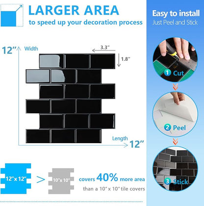 STICKGOO Subway Tile Peel and Stick Backsplash, Thicker Design 12" x 12" Stick on Backsplash Tiles for Kitchen, Bathroom, Wall Tile (10 Sheets, Black with Grey Grout)
