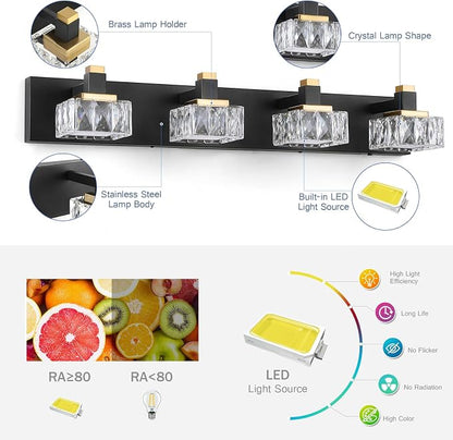 Bathroom Vanity Lights Over Mirror,4-Light Dimmable 5CCT Led Vanity Lights Black Gold Crystal Wall Sconce Lighting 29.92 inches Modern Vanity Light for Bathroom,Bedroom,Living room(3000K-6000K）