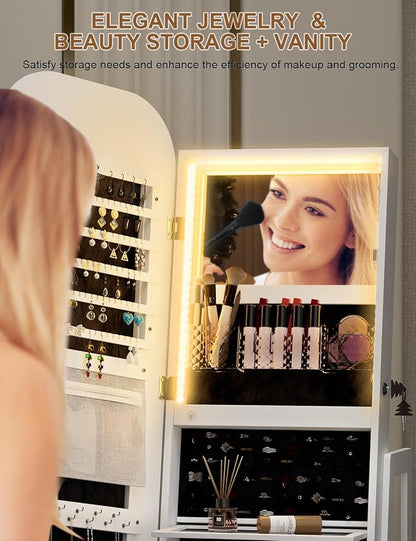 Jewelry Armoire with RGB Vanity Mirror and Foldable Makeup Shelf - White | SKKTKT Standing Jewelry Armoire - RGB Vanity Mirror, Rotating Storage and Foldable Makeup Shelf