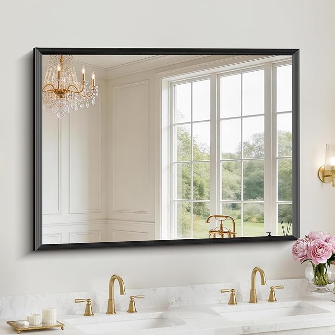Black Bathroom Mirror 36 x 48 Inch Rectangle Wave Beveled Frame for Wall Bathroom Vanity Mirror for Over Sink, Tempered Glass,for Entryway Hangs, Bathroom Living Room Horizontal or Vertical
