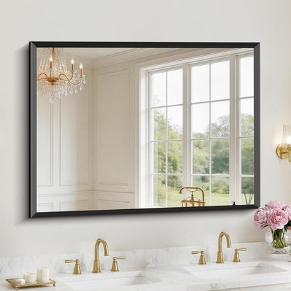 Black Bathroom Mirror 36 x 48 Inch Rectangle Wave Beveled Frame for Wall Bathroom Vanity Mirror for Over Sink, Tempered Glass,for Entryway Hangs, Bathroom Living Room Horizontal or Vertical