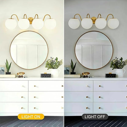 4 Lights Vintage Bathroom Vanity Light Fixtures Over Mirror, Brushed Gold Vanity Lights For Bathroom With Milk White Glass Globe Shade, Wall Lights For Bedroom, Hallway, Dressing Table(G9 Incl.)