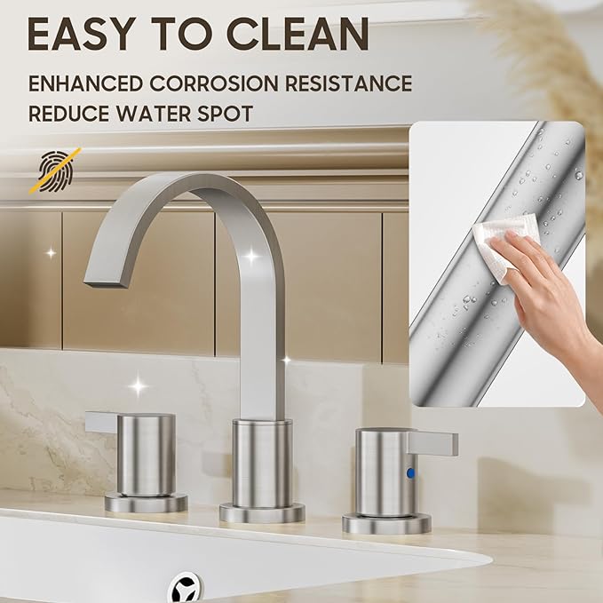 Phiestina 8 Inch Brushed Nickel Waterfall 2-Handle 3-Hole Widespread Bathroom Faucet with Pop-up Drain and Valve, WF40-1-BN