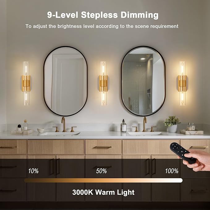 Gold Battery Operated Wall Sconce Set of 2 with Remote Control, 12000mAh Rechargeable Wall Lights, Wireless Dimmable Wall Lamps for Bedroom Living Room Bathroom Hallway Entryway Stairwell
