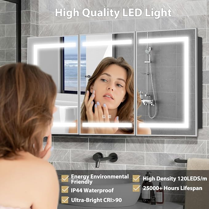 ROOMTEC 60 x 32 Inch Medicine Cabinet Mirror with LED Lights, Silver Bathroom Medicine Cabinet with Mirror and Storage, Recessed or Wall Mount, 3 Color Temperature, Dimmable Light
