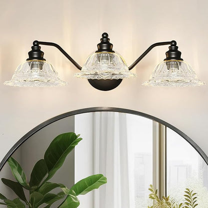 Redluck Vintage Bathroom Vanity Light Fixture, 3-Light Bathroom Lighting Fixtures Over Mirror, Matte Black Finish with Crystal Glass Shade, Wall Sconces Lighting for Bedroom, Living Room, Hallway
