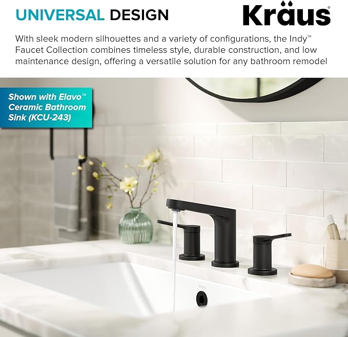 KRAUS Indy Widespread Bathroom Faucet in Matte Black with 2 Handles, Pop Up Drain and Supply Lines, FUS-14103MB