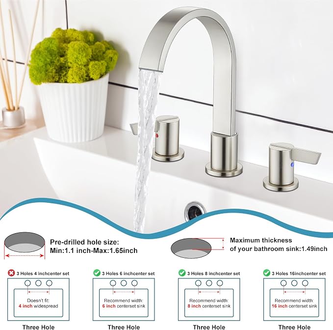 Midanya 8 Inch Widespread Bathroom Sink Faucet 3 Hole,Brushed Nickel | Waterfall Swivel Spout,2 Handle,SUS304,with Pop Up Drain,cUPC 24" Water Hose,for 6-16” hole distance vanity,RV,Farmhouse Sink