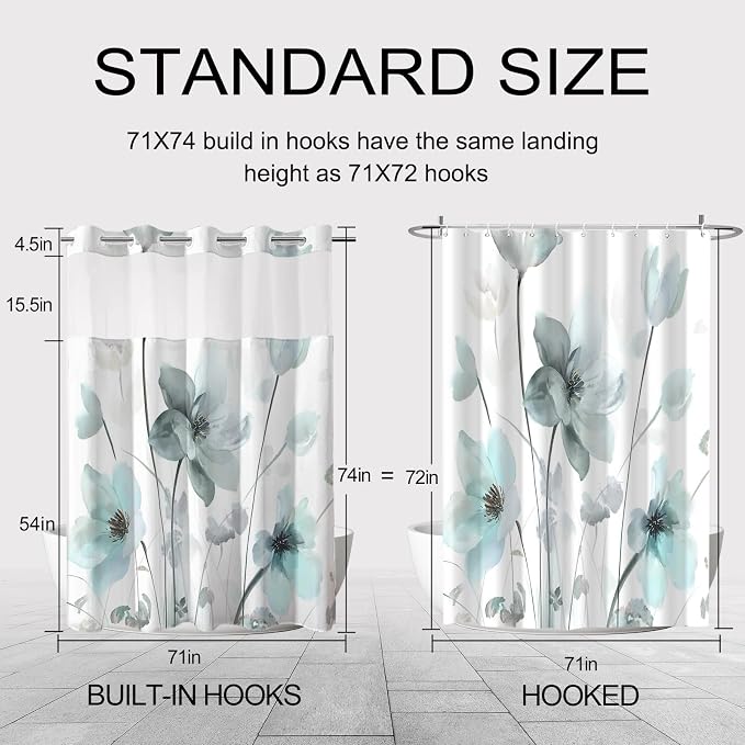 No Hook Shower Curtain and Liner Set, Teal Blue Boho Floral 71x74 | Watercolor Boho Flower, with Snap in Liner, Waterproof, Machine Washable, Quick-Drying, for Hotel Bathroom