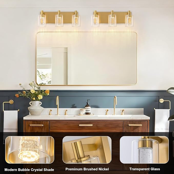 SineRise Vanity Light with 3 Color Modes (3000K/4000K/6000K), Eye Protection LED Bathroom Light Fixture, Dimmable Modern Wall Light Over Mirror with Clear Glass Shade (Gold, 3-Light)