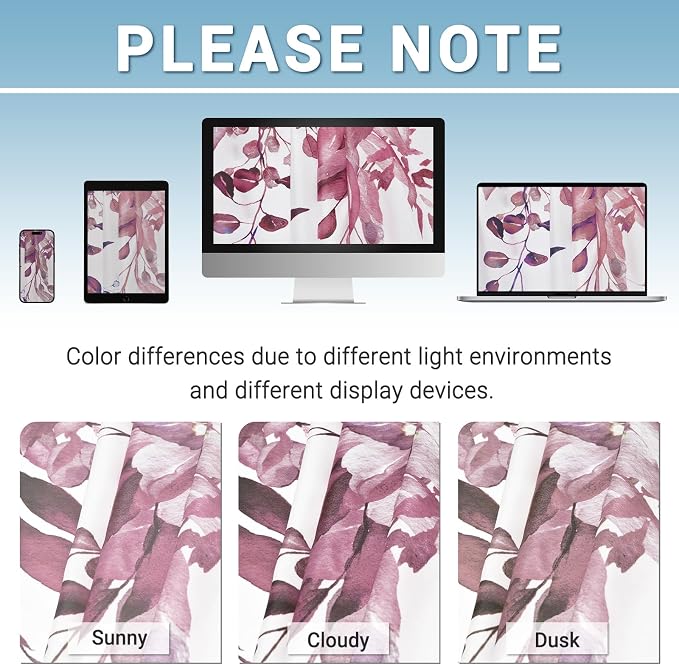 No Hook Shower Curtain with Liner, Eucalyptus Burgundy, 71x74 | Snap in Liner, 3 in 1, Water Repellent, Easy Install, Machine Washable, Hotel Style for Bathroom, Watercolor Pattern