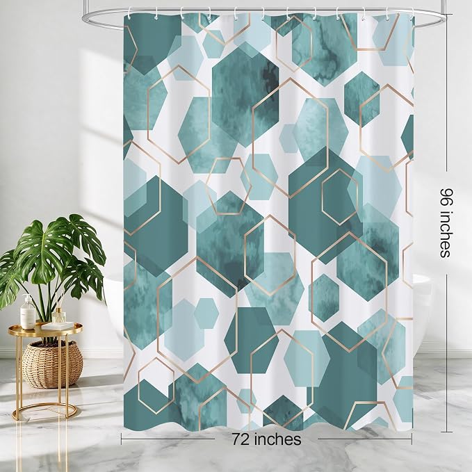 Litabel Extra Long Geometric Shower Curtain for Bathroom, 72x84 | Extra Long Modern Minimalist Shower Curtais, Teal Geometric Art Print Abstract Waterproof Bath Curtain