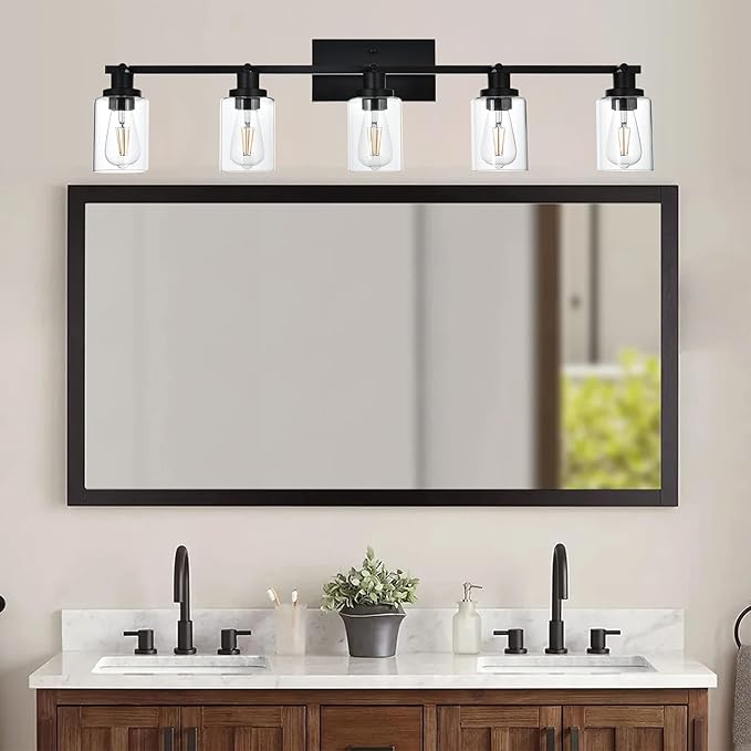 MELUCEE 5 Light Vanity Lights for Bathroom with Rotatable Light Head, Black Ceiling Light Fixture with Clear Glass Shade, Modern Spotlight Track Lighting Kit for Hallway Porch Foyer Bath